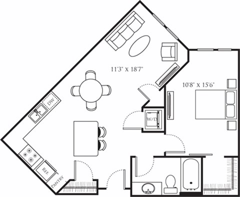 Floor plan for 1 bed, 1 bath, 719 sqft